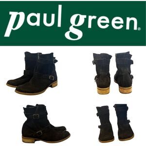 SZ 8.5M PAUL GREEN Black Suede Leather Elevated Moto Style Boots w straps/buckle